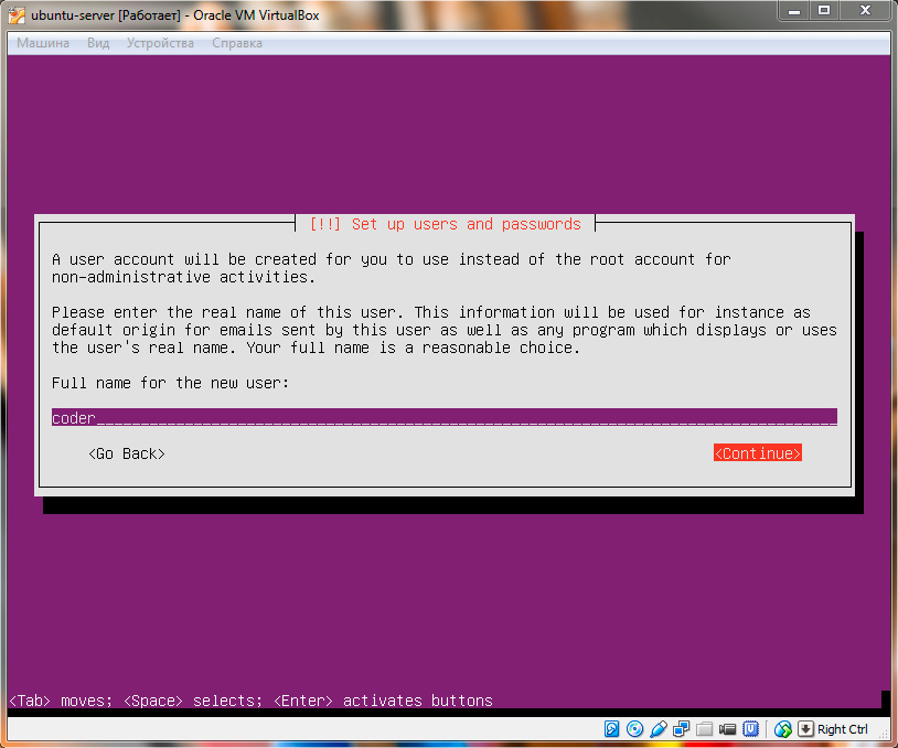Ubuntu Server. Ввод имени пользователя
